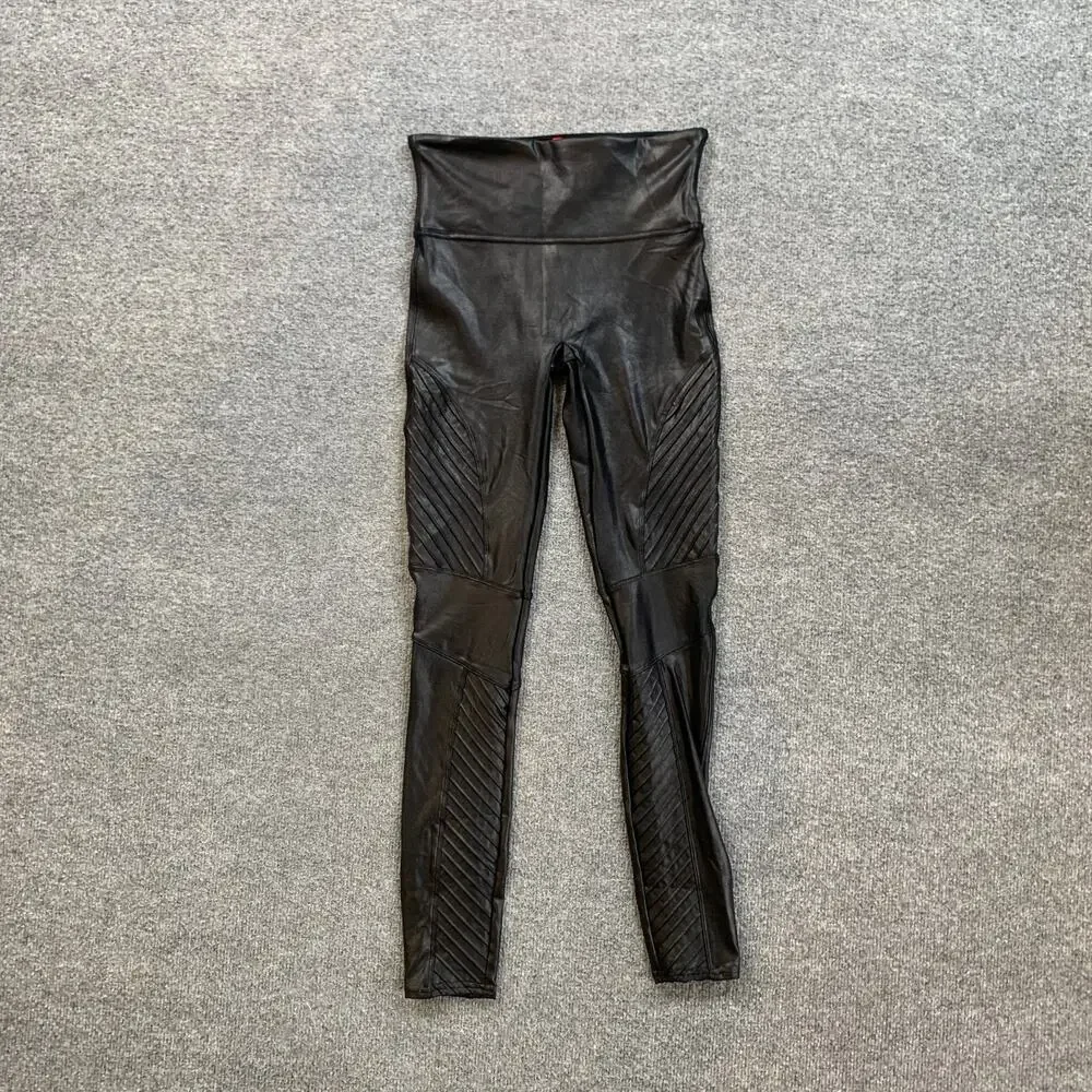Spanx Leggings Womens S Small Black Faux Leather Moto Coated Wide Waistband